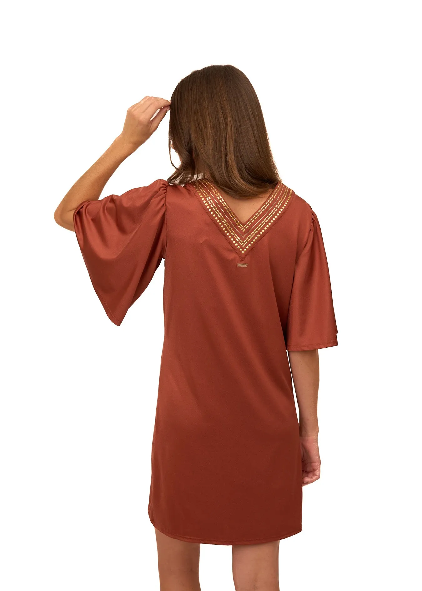 Copper Flutter Sleeve Shift Dress