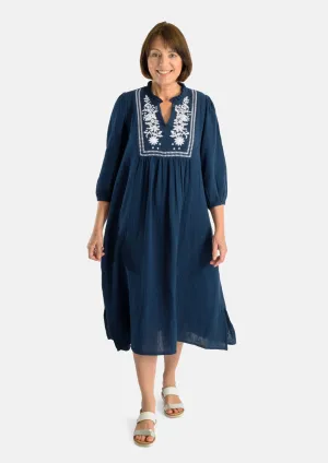 Cotton Embroidered Neck Midi Dress