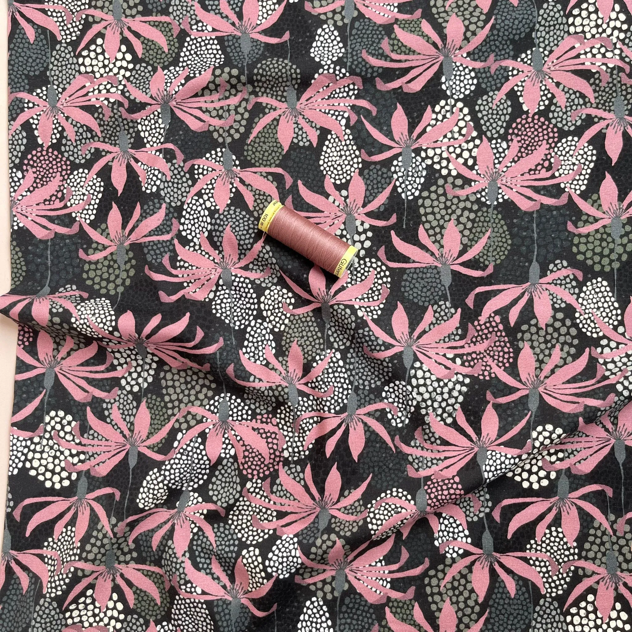 Danish Design - Pink Petals and Spots on Grey Cotton Jersey