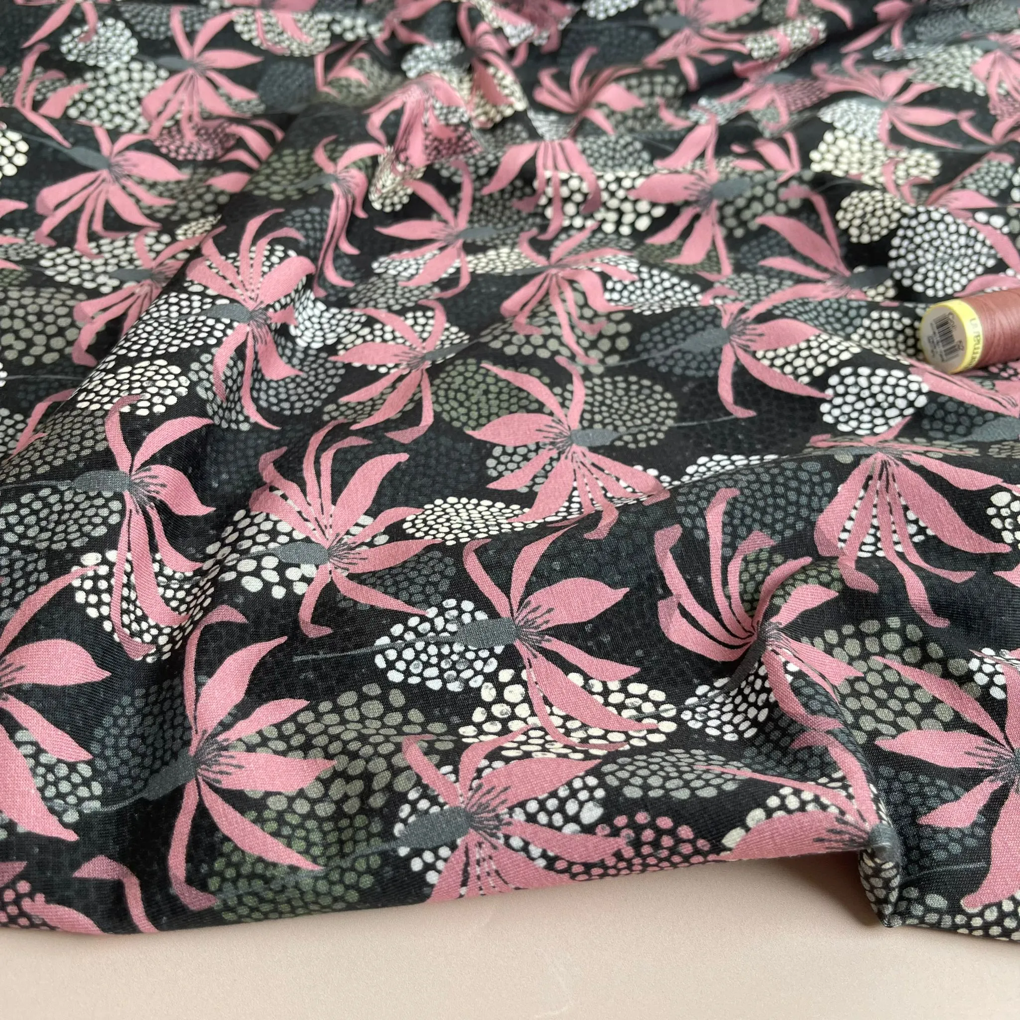 Danish Design - Pink Petals and Spots on Grey Cotton Jersey