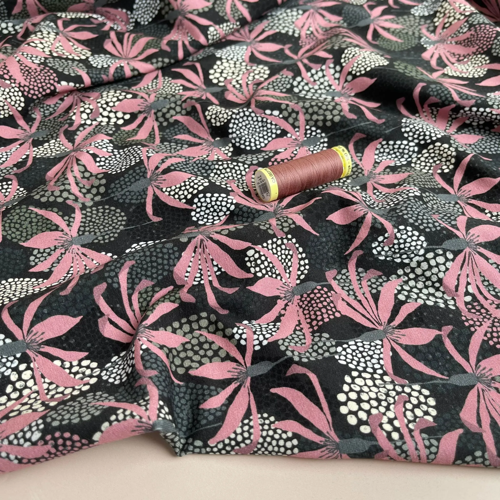 Danish Design - Pink Petals and Spots on Grey Cotton Jersey