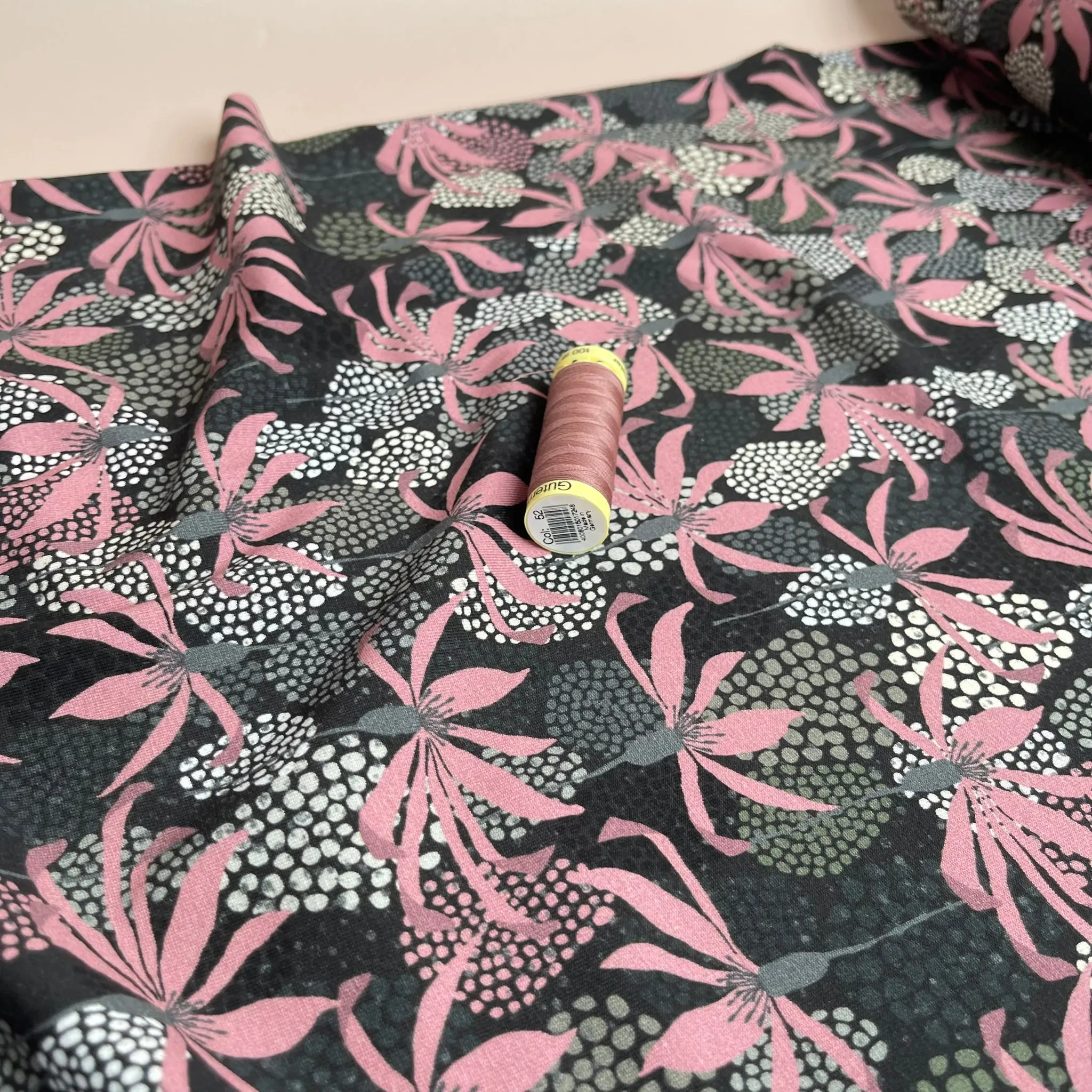 Danish Design - Pink Petals and Spots on Grey Cotton Jersey