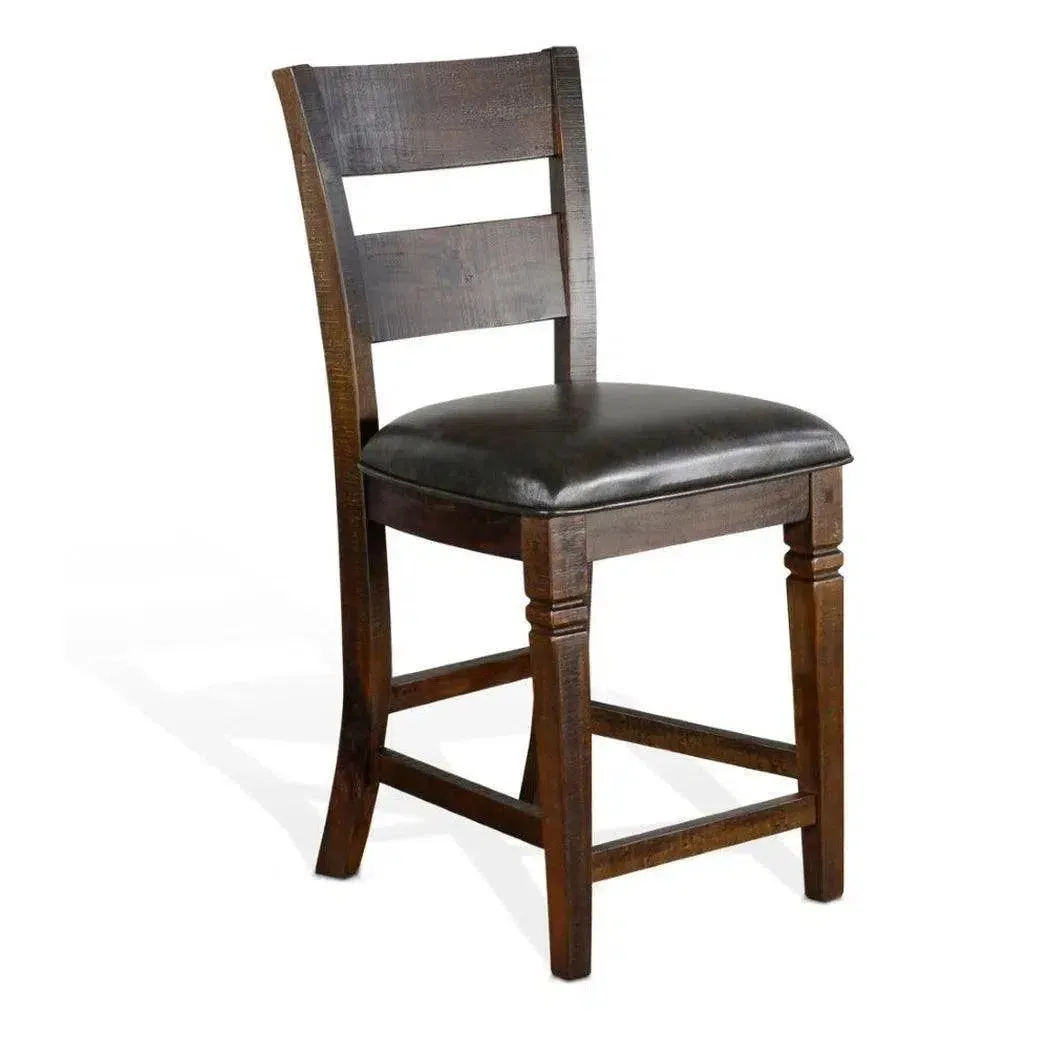 Dark Rustic Ladder Back Counter Stool Padded Black Leather Seat