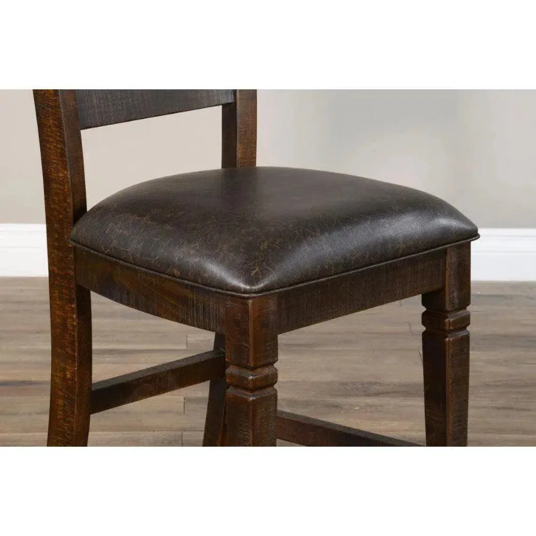 Dark Rustic Ladder Back Counter Stool Padded Black Leather Seat