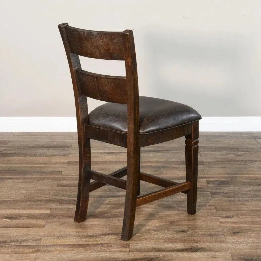 Dark Rustic Ladder Back Counter Stool Padded Black Leather Seat