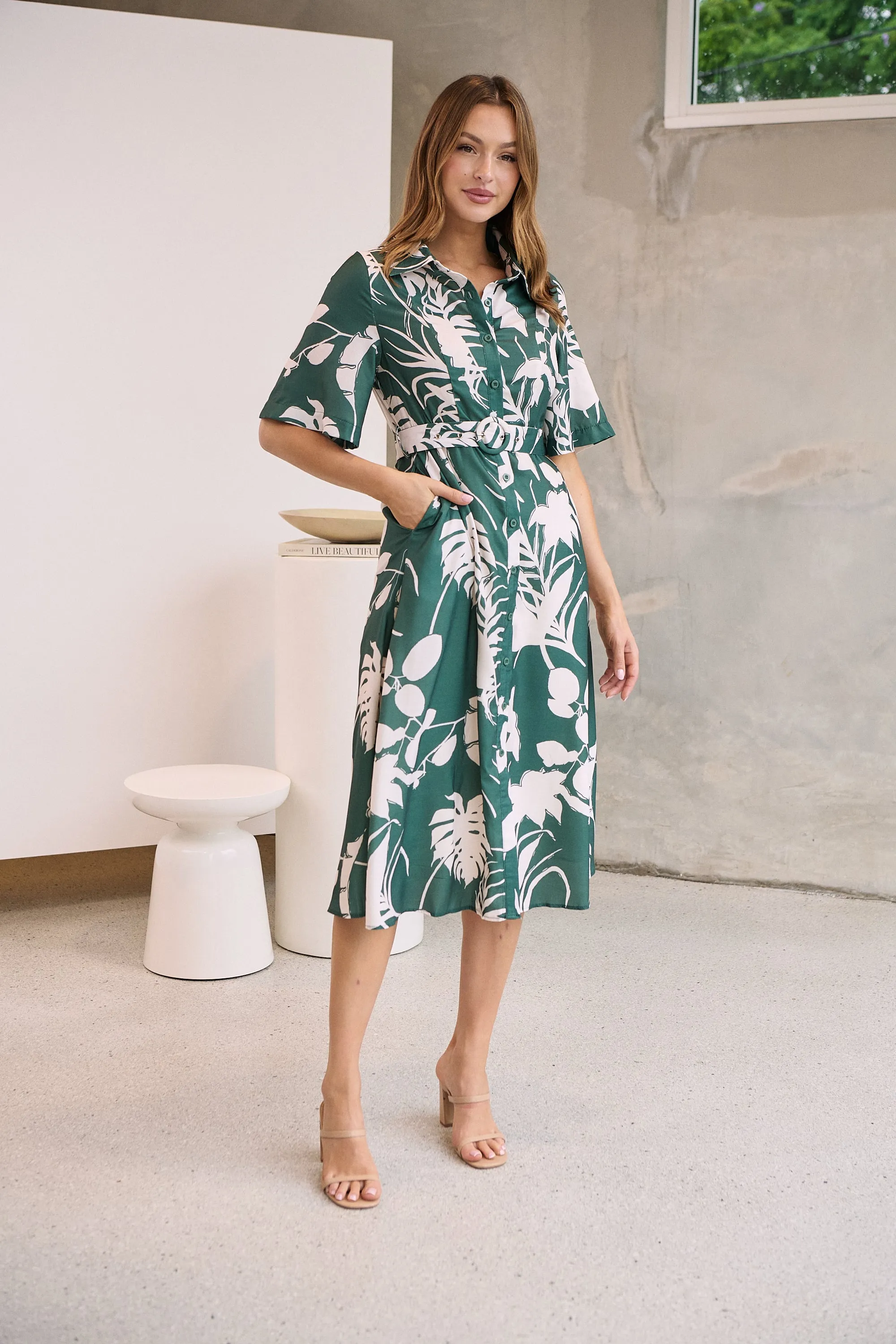 Delaney Green/White Print Button Front Midi Dress