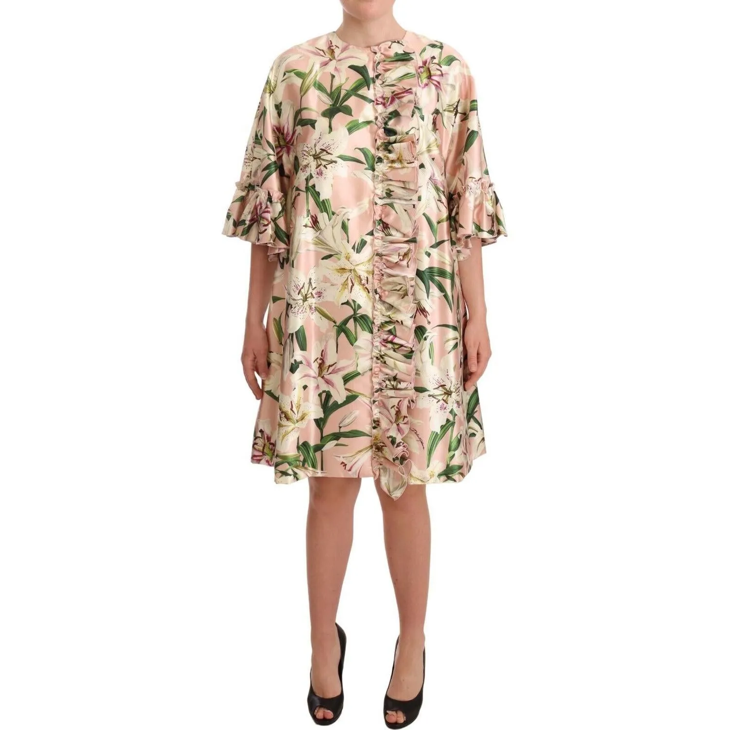 Dolce & Gabbana Elegant Floral Ruffled Silk Long Coat