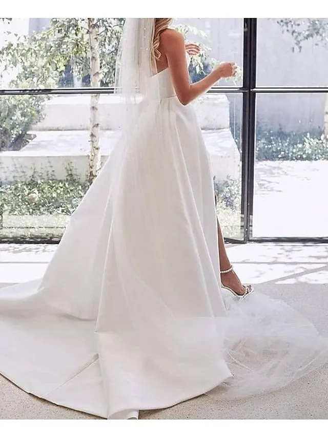 Engagement Sexy Wedding Dresses A-Line Sweetheart Strapless Court Train Satin Bridal Gowns With Split Front 2023 Summer Wedding Party, Women's Clothing