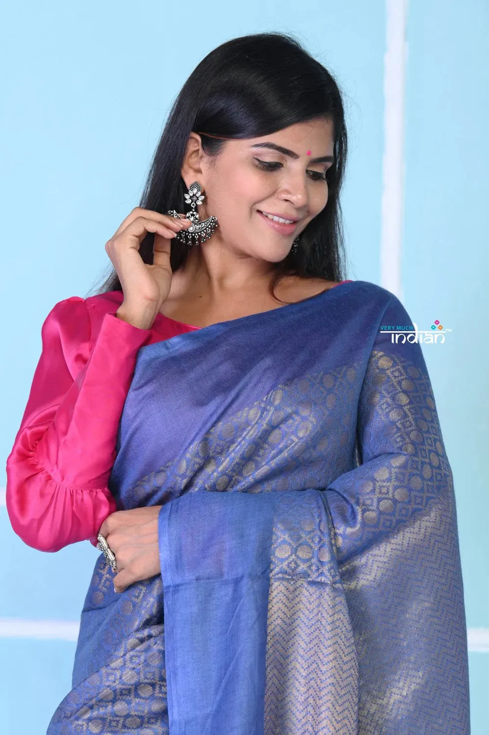 Exquisite Teal Blue Cotton Viscose Saree With Beautiful Brocade Zari Work.