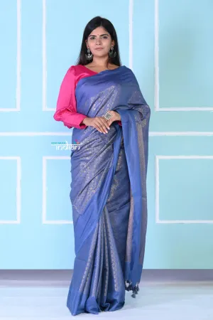 Exquisite Teal Blue Cotton Viscose Saree With Beautiful Brocade Zari Work.