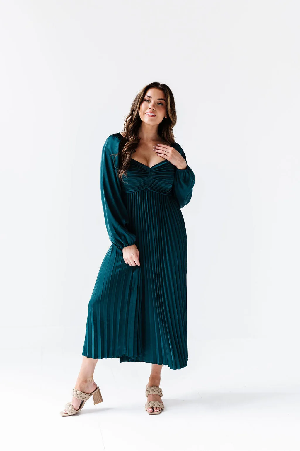 Fa La La Pleated Dress in Hunter Green