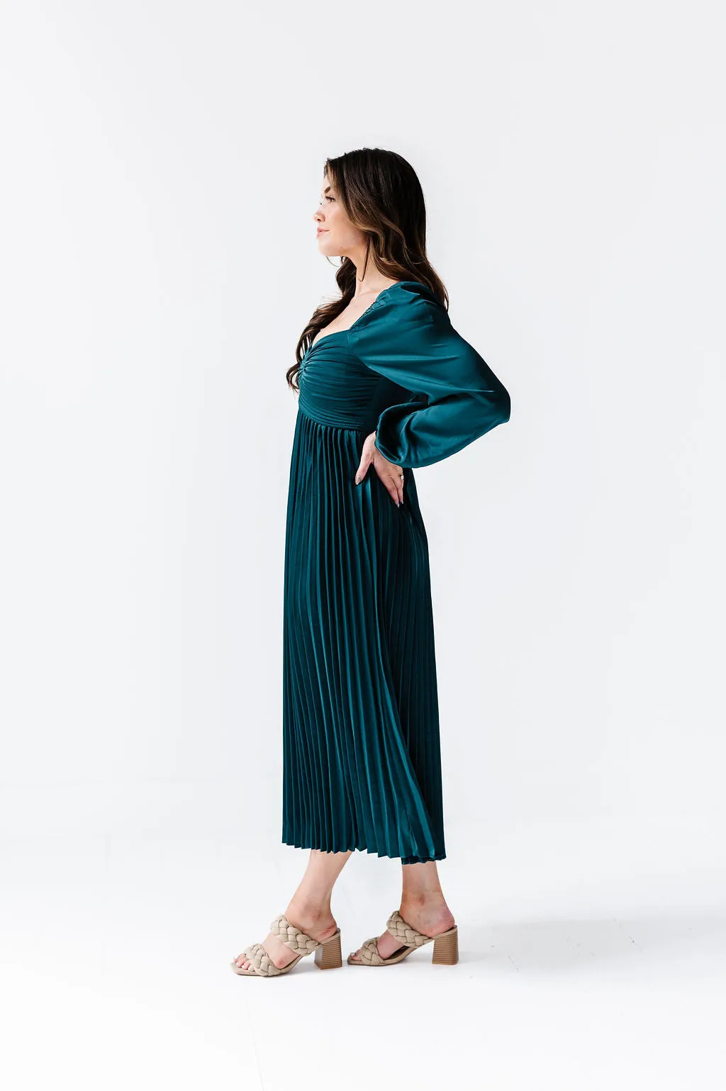 Fa La La Pleated Dress in Hunter Green