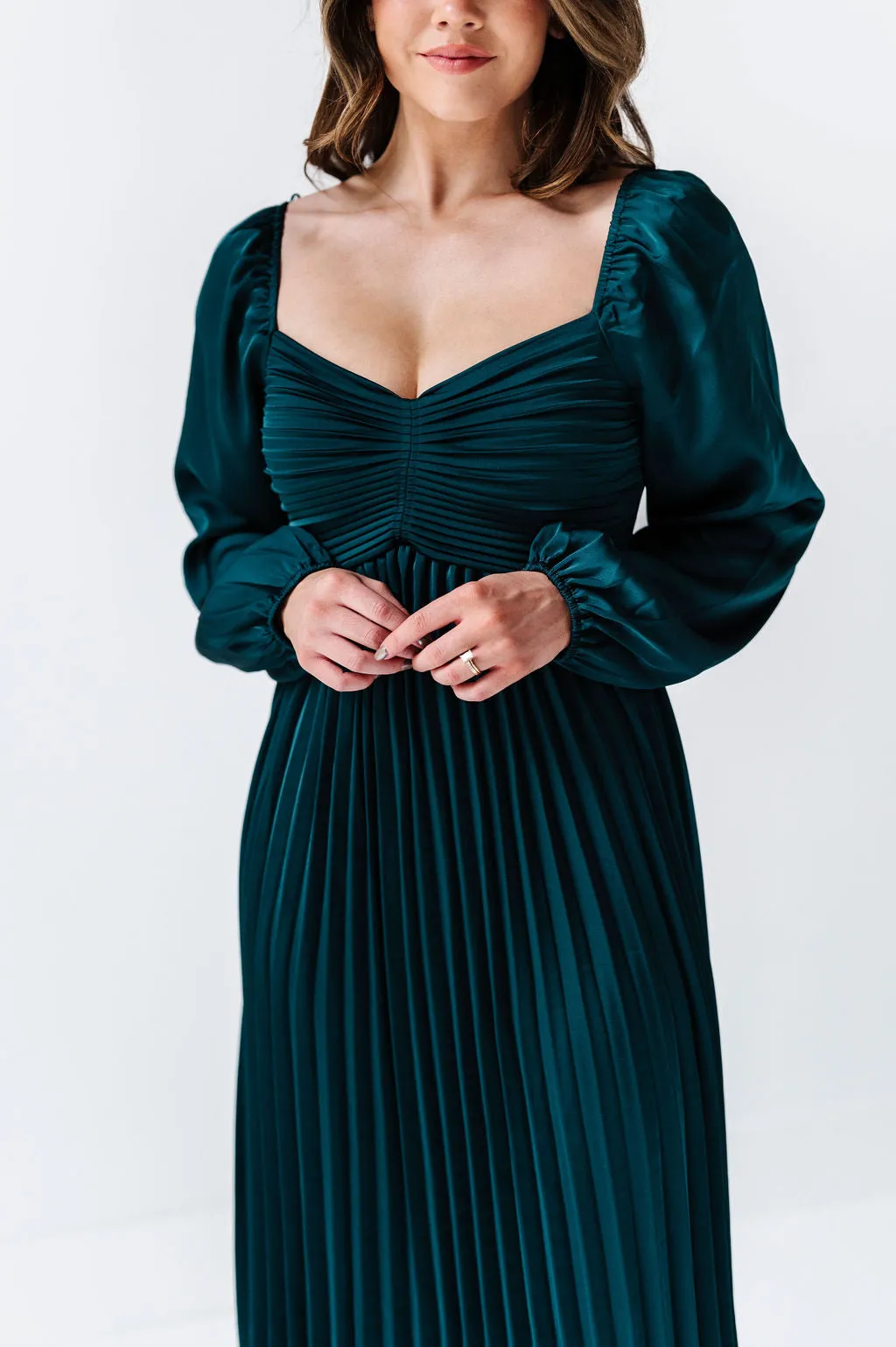 Fa La La Pleated Dress in Hunter Green