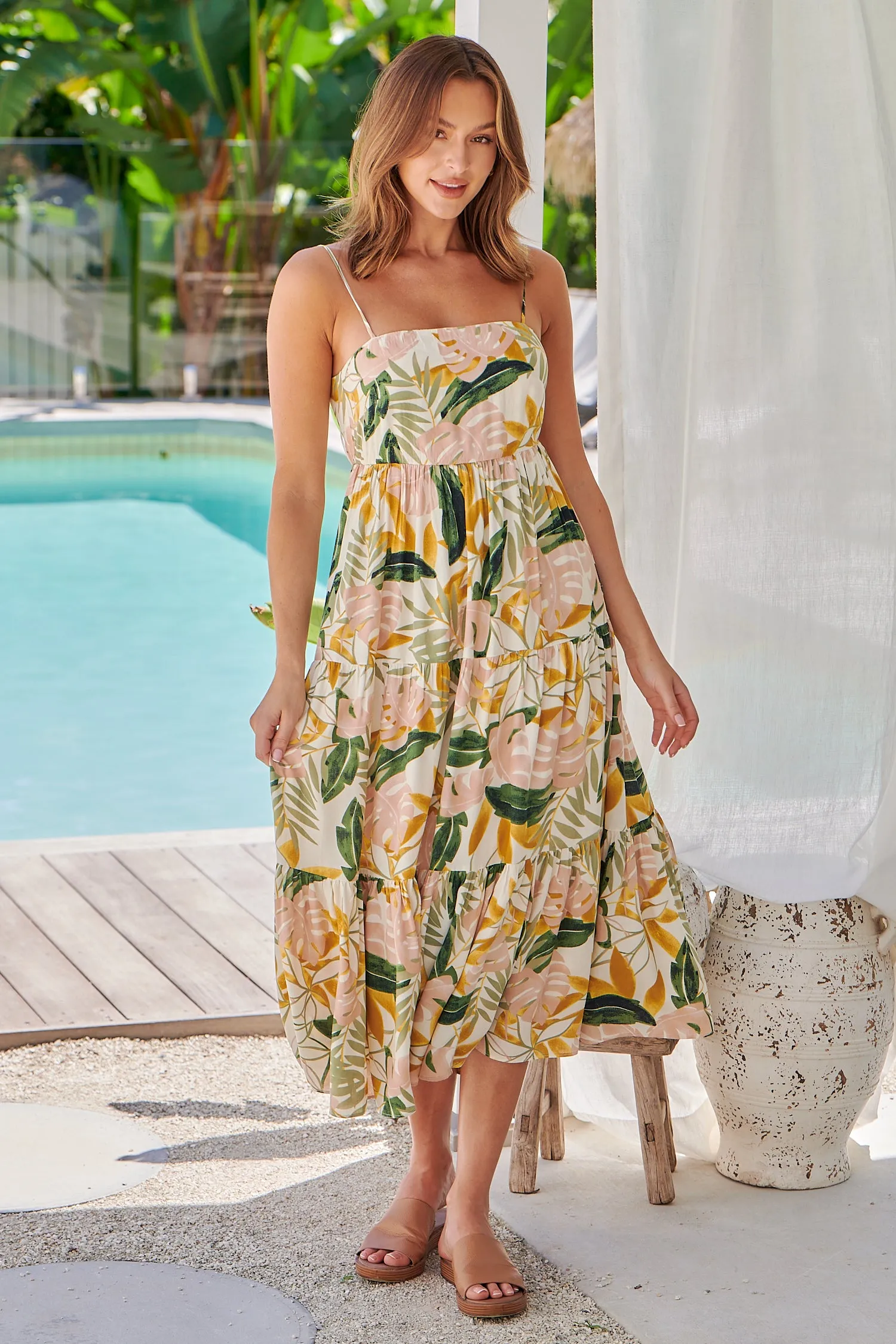 Faye Mustard/Pink/Green Leaf Print Open Back Tiered Dress