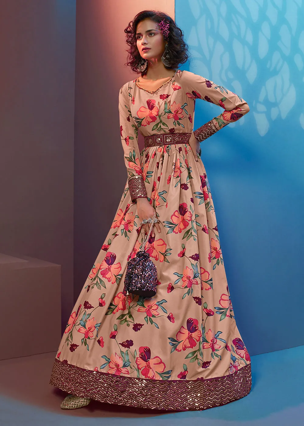 Floral Printed Marvelous Peach Crepe Wedding Festive Party Gown