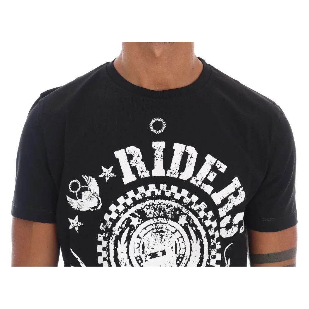 Frankie Morello Chic Black Crewneck Tee with 'RIDERS' Motif