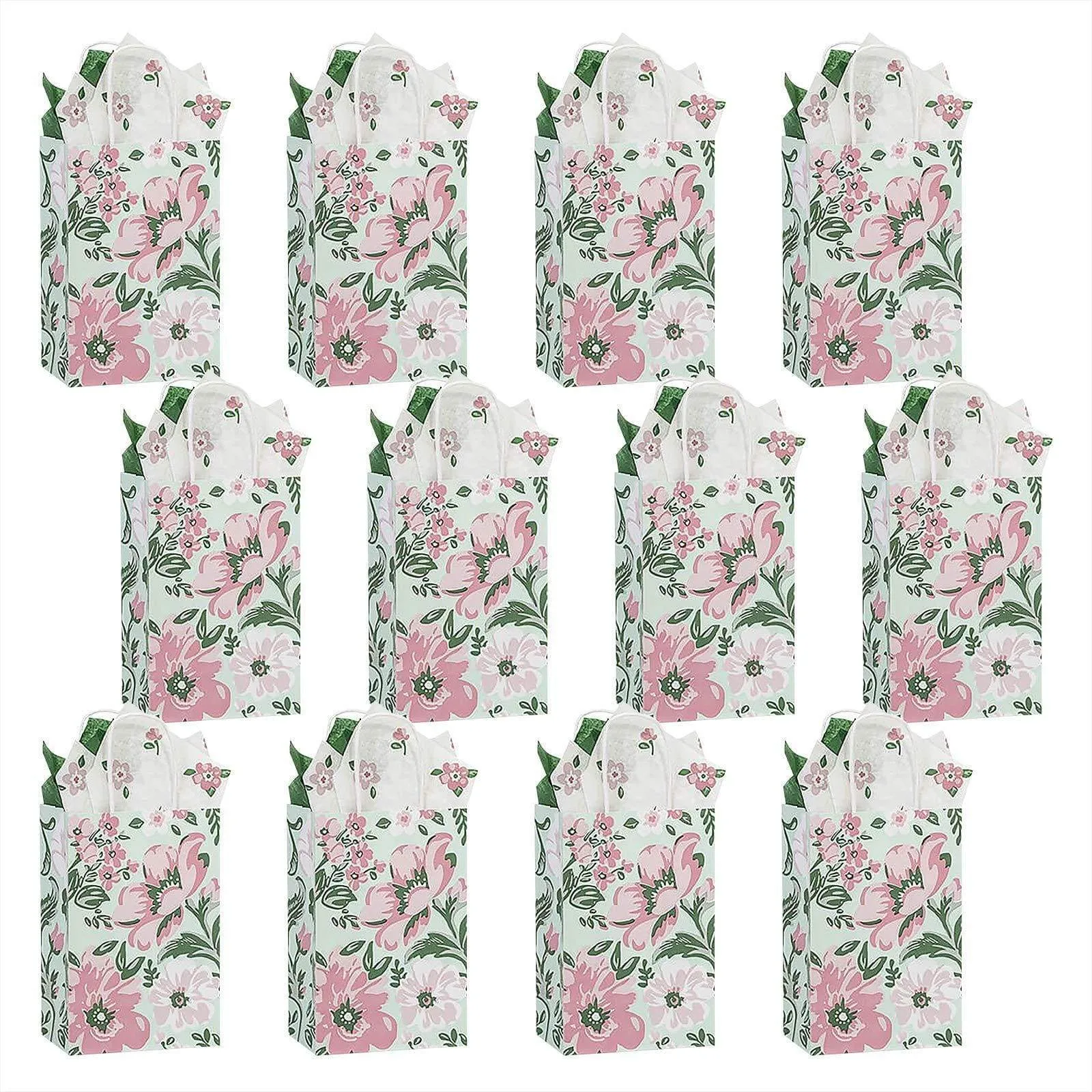 Fresh Mint and Pink Floral Paper Gift Bags and Party Favor Bags, 5.5x3.25x8.5" (12 Pack)