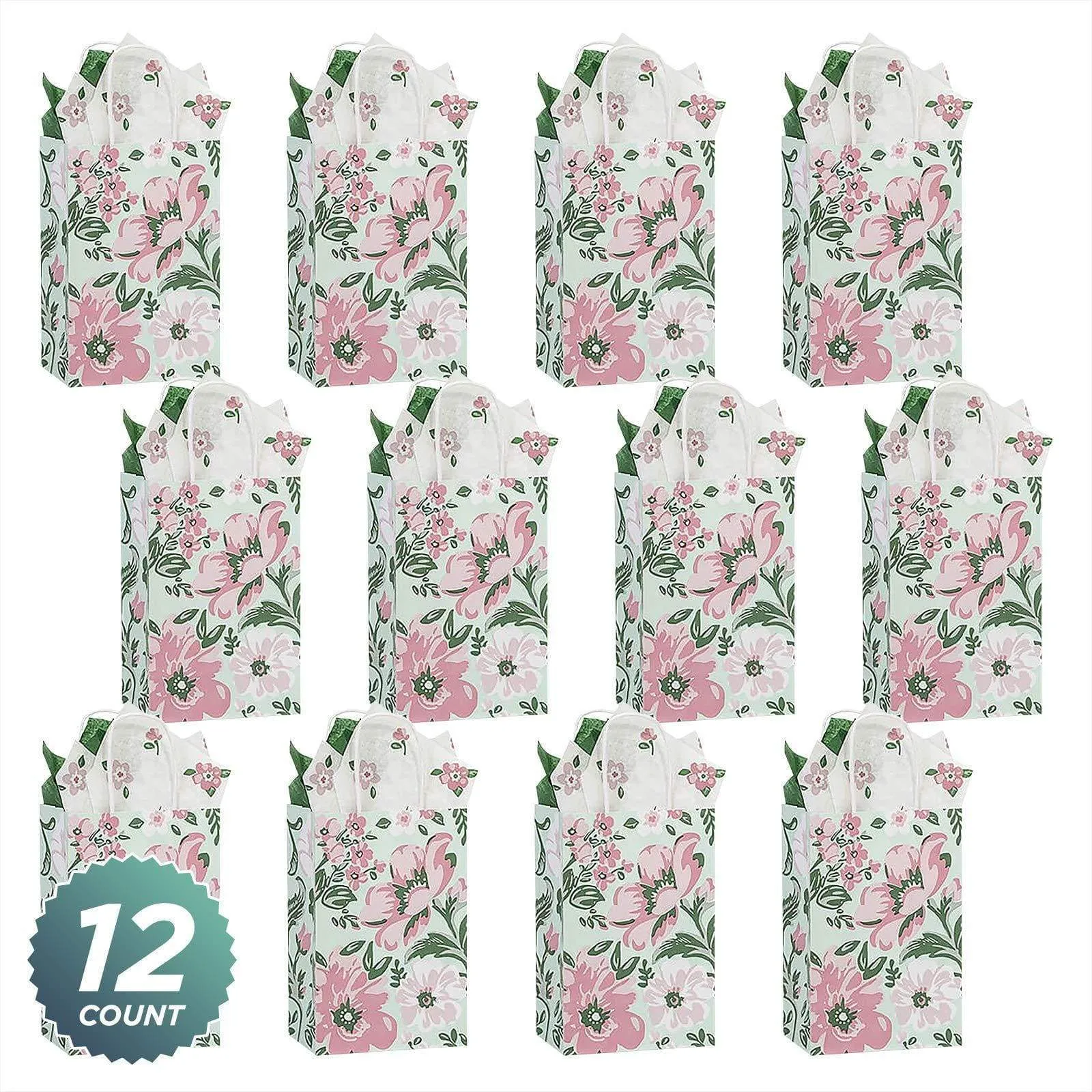 Fresh Mint and Pink Floral Paper Gift Bags and Party Favor Bags, 5.5x3.25x8.5" (12 Pack)