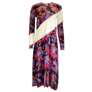 Givenchy Black / Ivory Multi Floral Printed Asymmetric Striped Long Sleeved Crepe Midi Dress