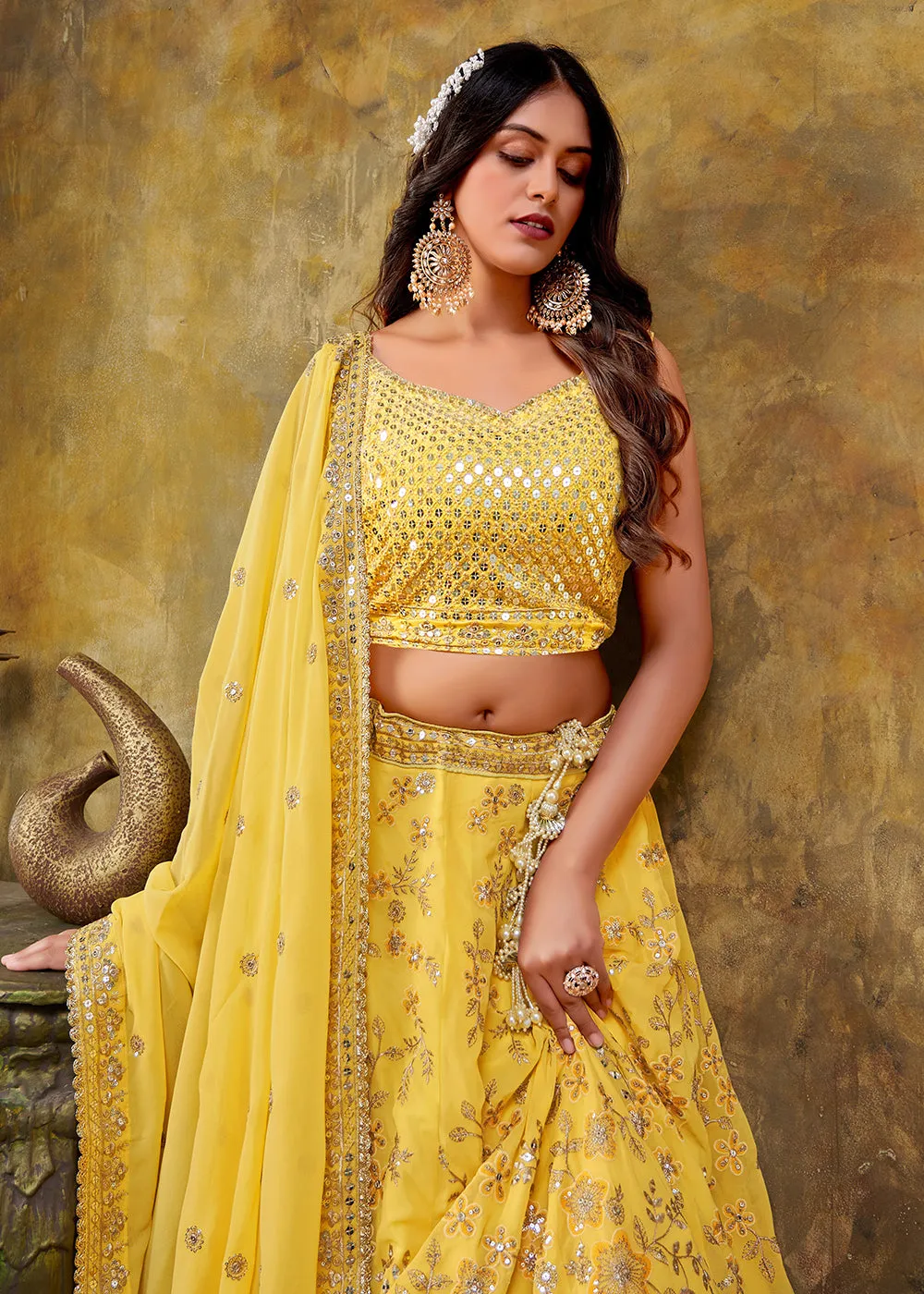 Glam Yellow Premium Georgette Sequins Wedding Lehenga Choli