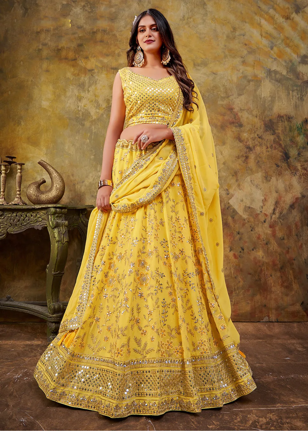 Glam Yellow Premium Georgette Sequins Wedding Lehenga Choli