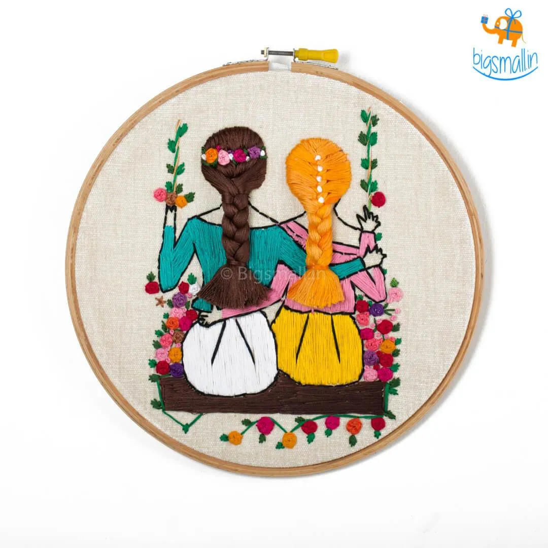 Handmade Friends On A Swing Embroidery Hoop Art