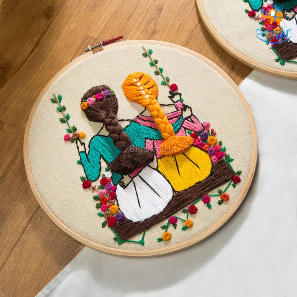 Handmade Friends On A Swing Embroidery Hoop Art