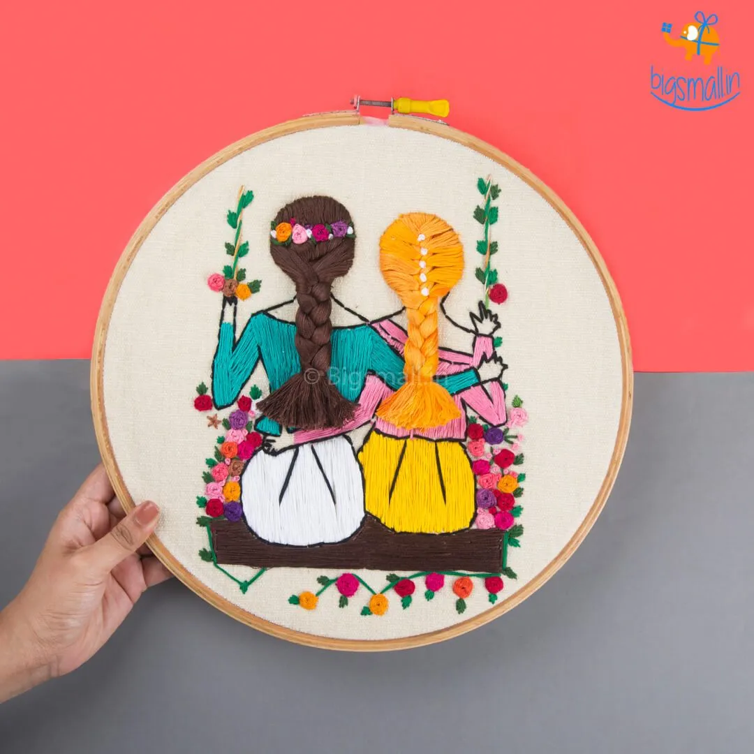 Handmade Friends On A Swing Embroidery Hoop Art