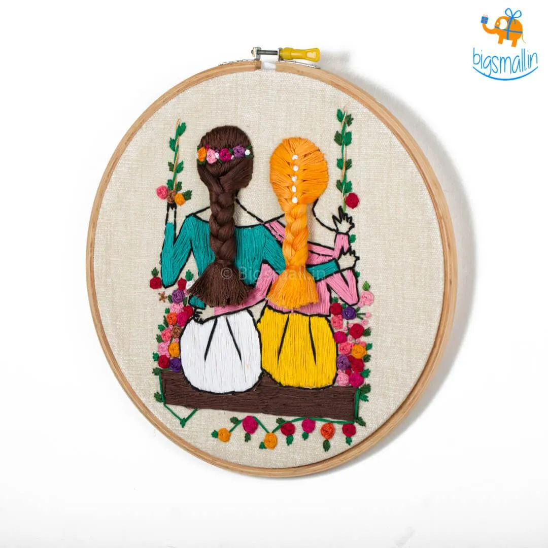 Handmade Friends On A Swing Embroidery Hoop Art