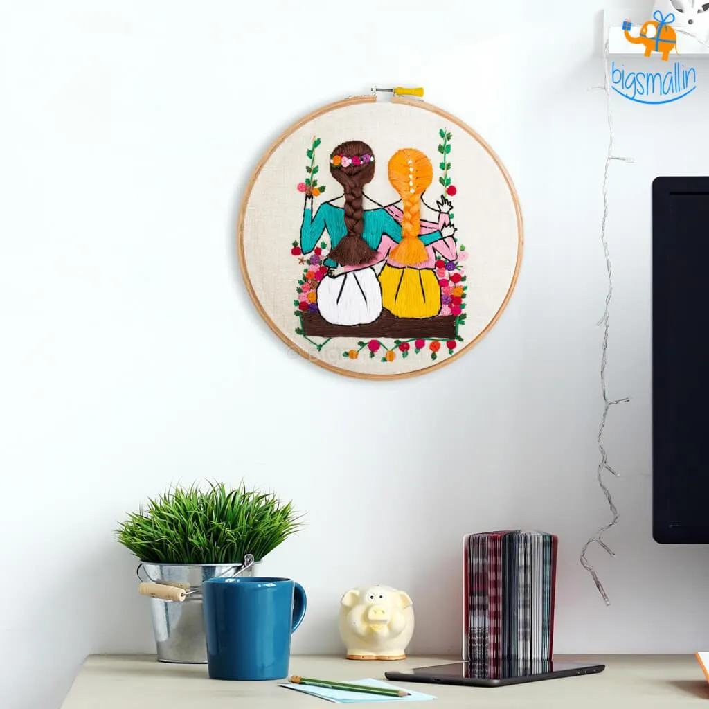 Handmade Friends On A Swing Embroidery Hoop Art