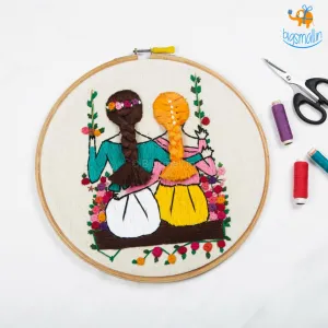 Handmade Friends On A Swing Embroidery Hoop Art