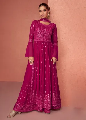 Hot Pink Anarkali Style Georgette Embellished Palazzo Suit