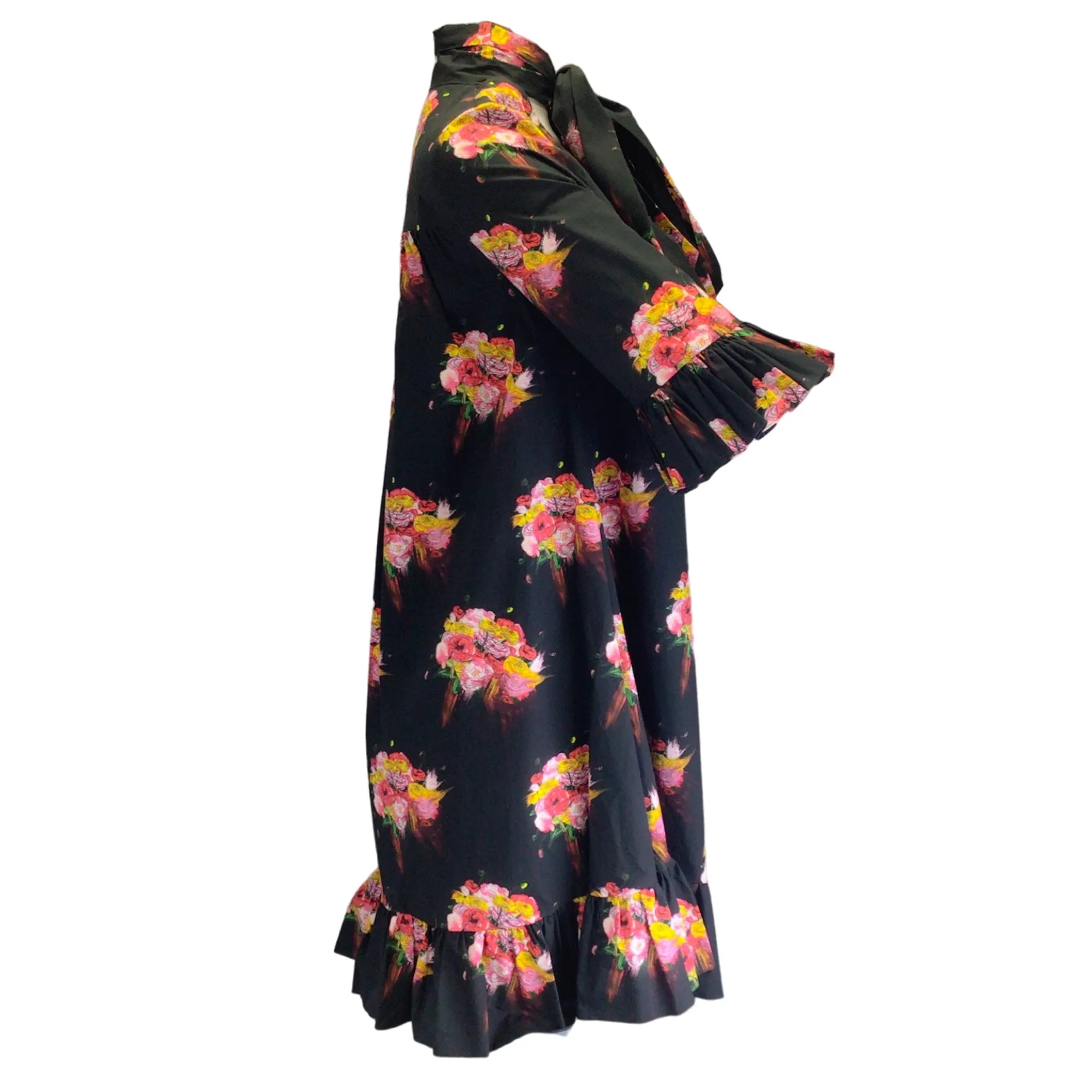 Jonathan Cohen Black Multi Floral Printed Tie-Neck Cotton Dress