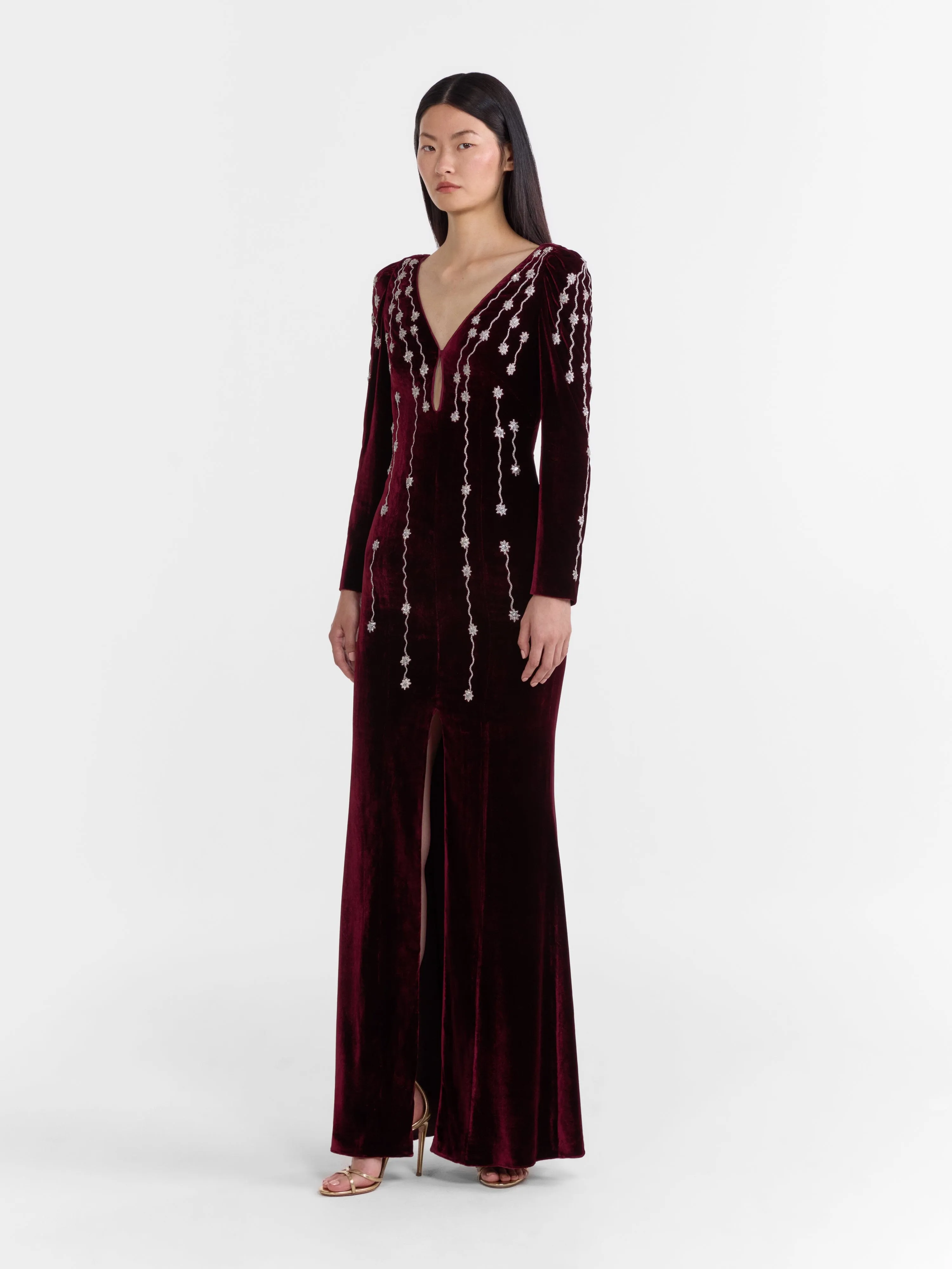 Joni Long Dress in Burgundy Starfall Embroidery