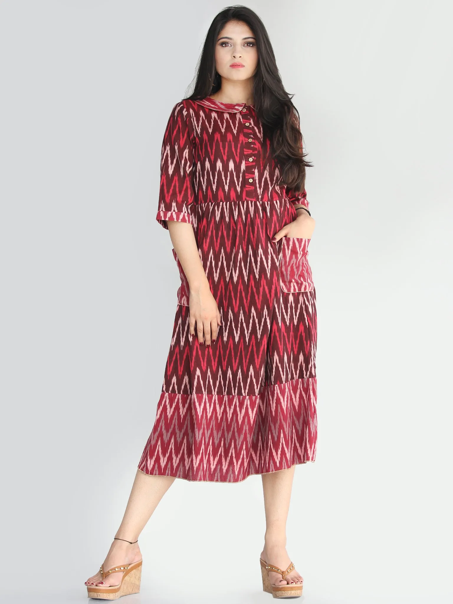 Lafiza - Handwoven Ikat Cotton Midi Dress With Front Pockets - D415F861