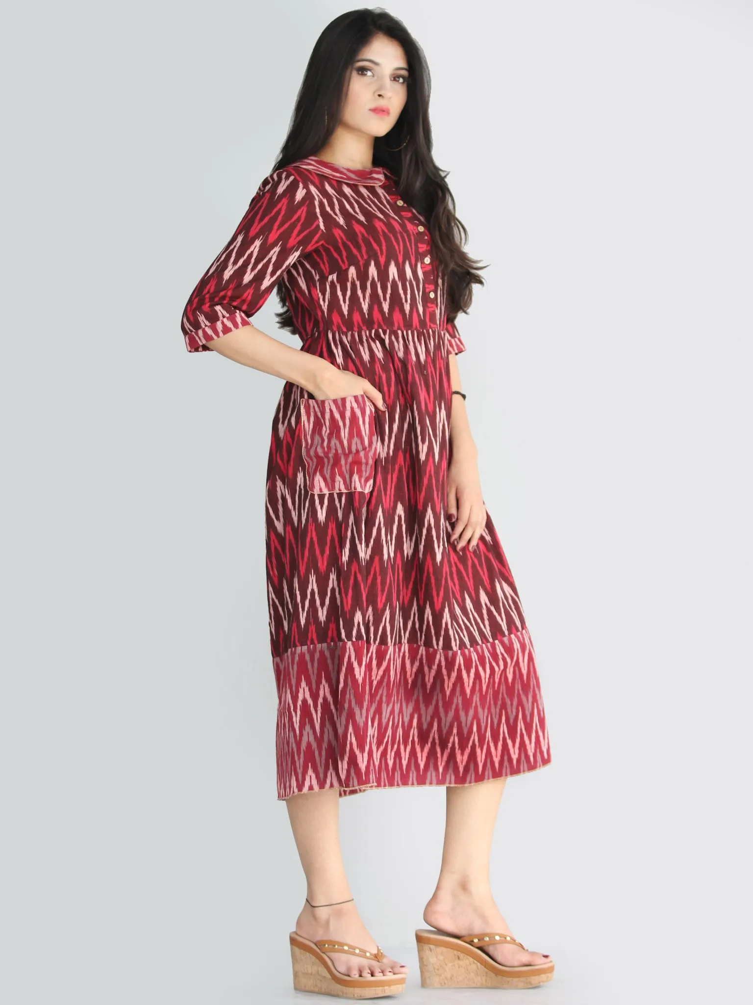 Lafiza - Handwoven Ikat Cotton Midi Dress With Front Pockets - D415F861