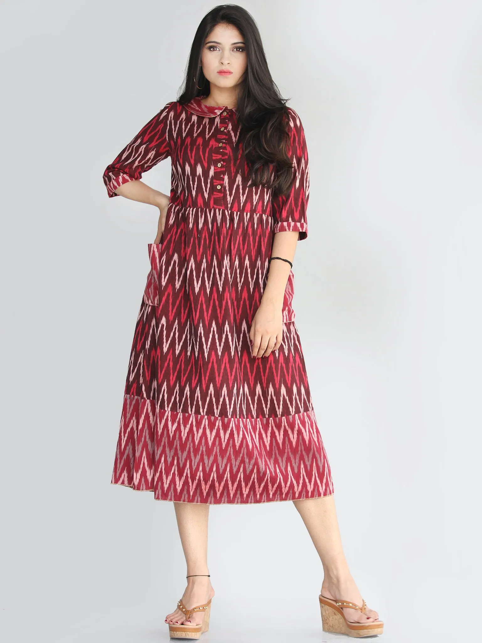 Lafiza - Handwoven Ikat Cotton Midi Dress With Front Pockets - D415F861