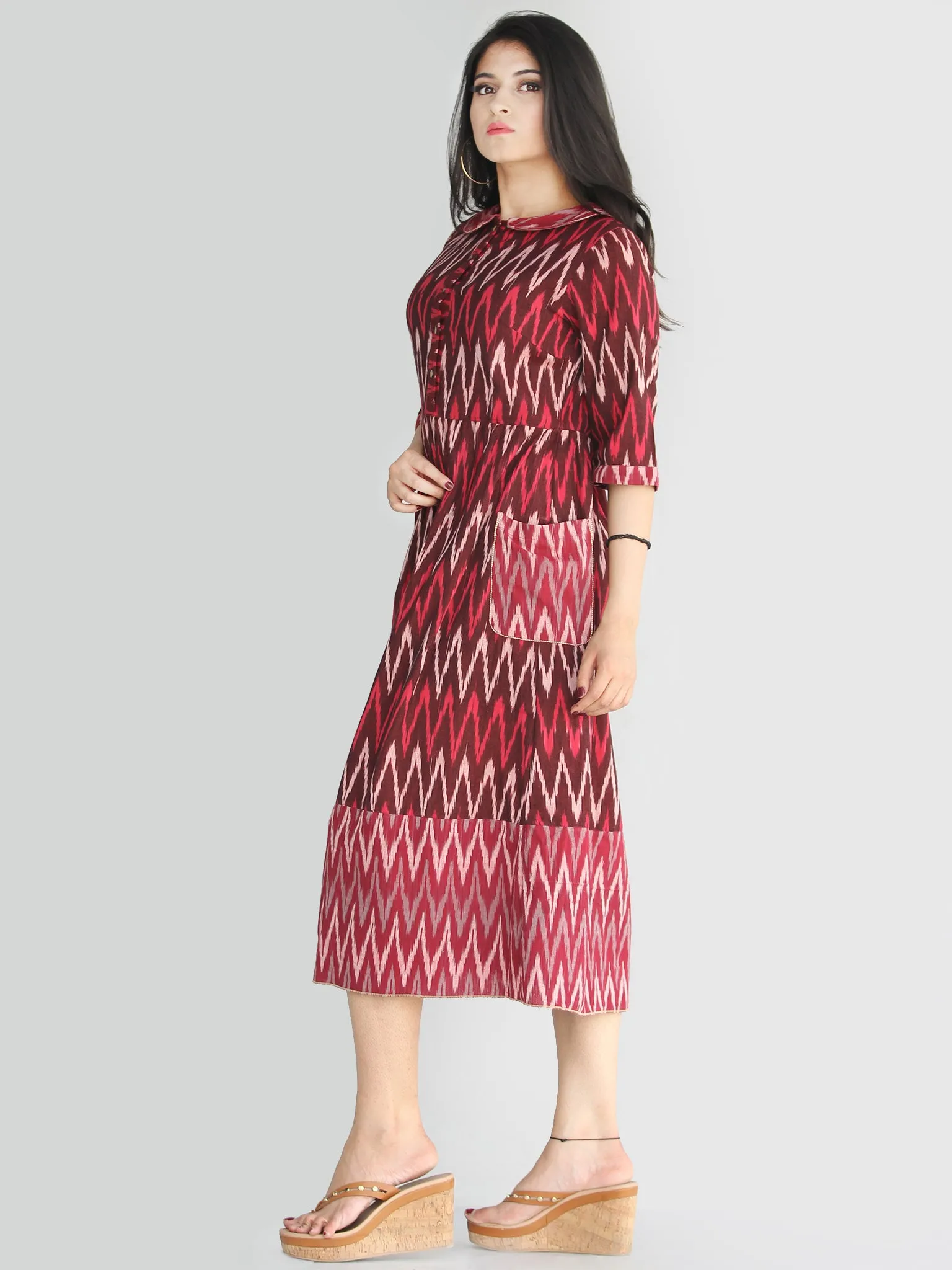 Lafiza - Handwoven Ikat Cotton Midi Dress With Front Pockets - D415F861