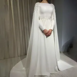 Long Cape Sweep Train Wedding Dress