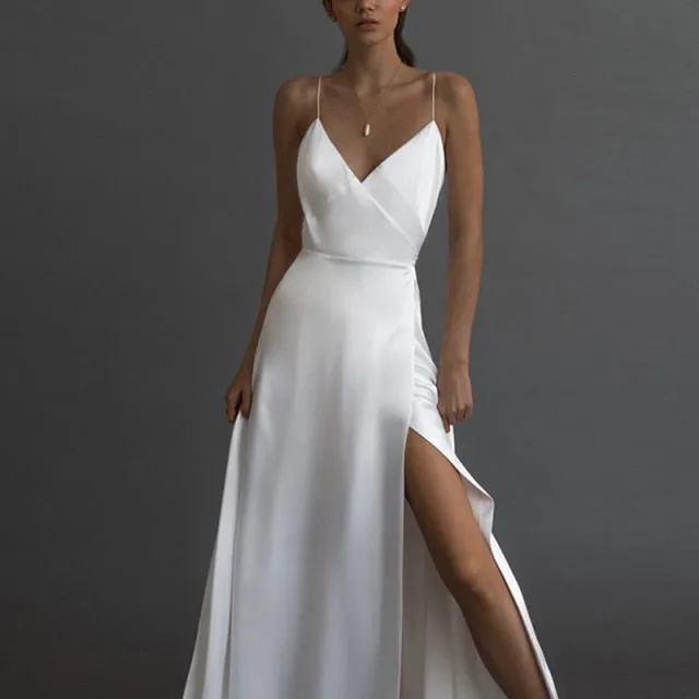 Long Split V-Neck Solid Maxi White Dress