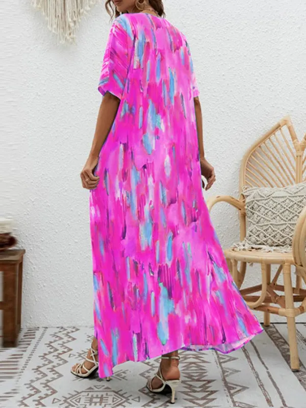 Loose Short Sleeves Contrast Color High-Waisted Printed V-neck Maxi Dresses