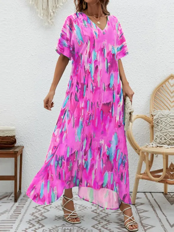 Loose Short Sleeves Contrast Color High-Waisted Printed V-neck Maxi Dresses