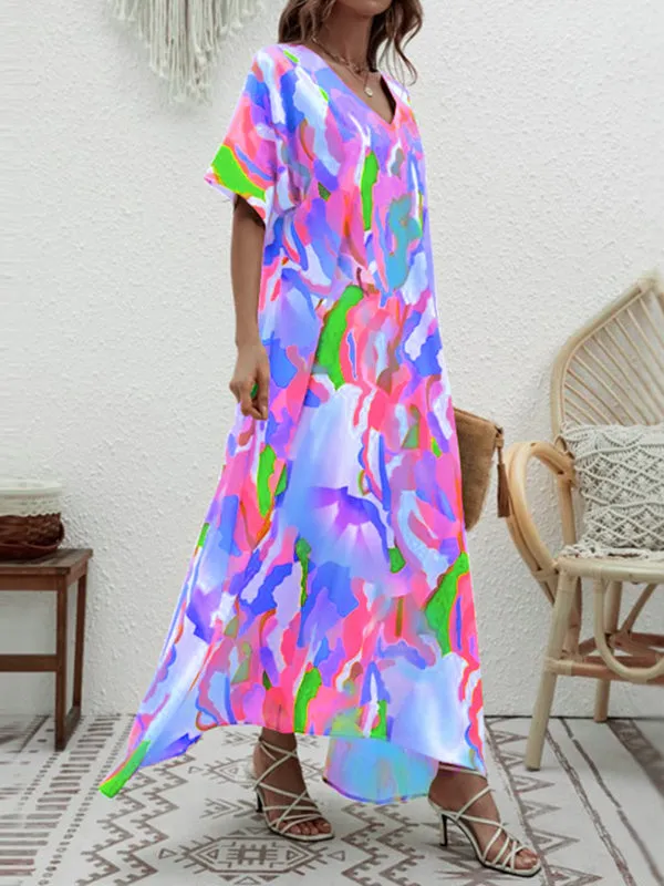 Loose Short Sleeves Contrast Color High-Waisted Printed V-neck Maxi Dresses