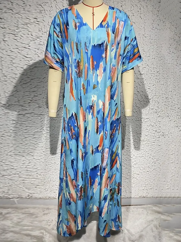 Loose Short Sleeves Contrast Color High-Waisted Printed V-neck Maxi Dresses