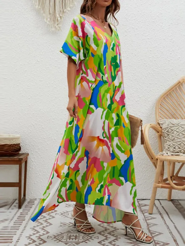 Loose Short Sleeves Contrast Color High-Waisted Printed V-neck Maxi Dresses