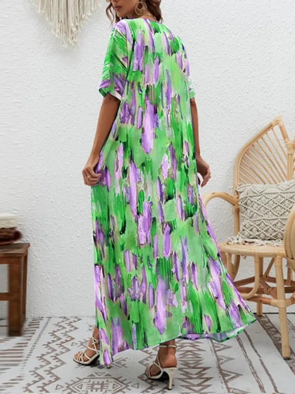 Loose Short Sleeves Contrast Color High-Waisted Printed V-neck Maxi Dresses