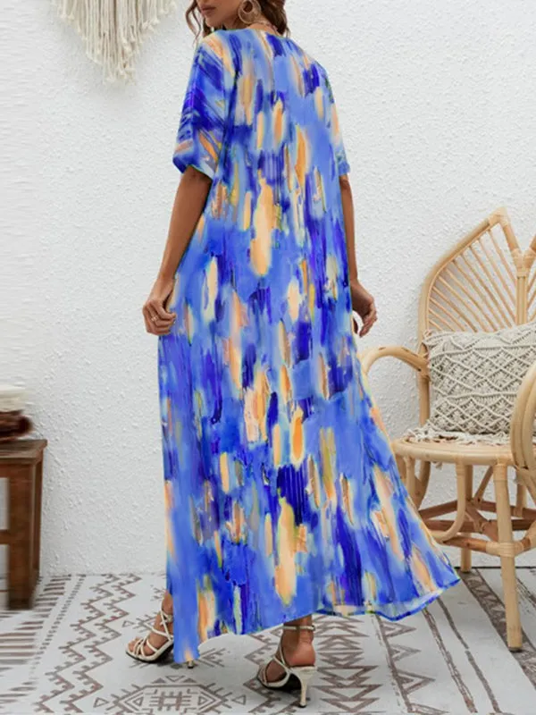 Loose Short Sleeves Contrast Color High-Waisted Printed V-neck Maxi Dresses