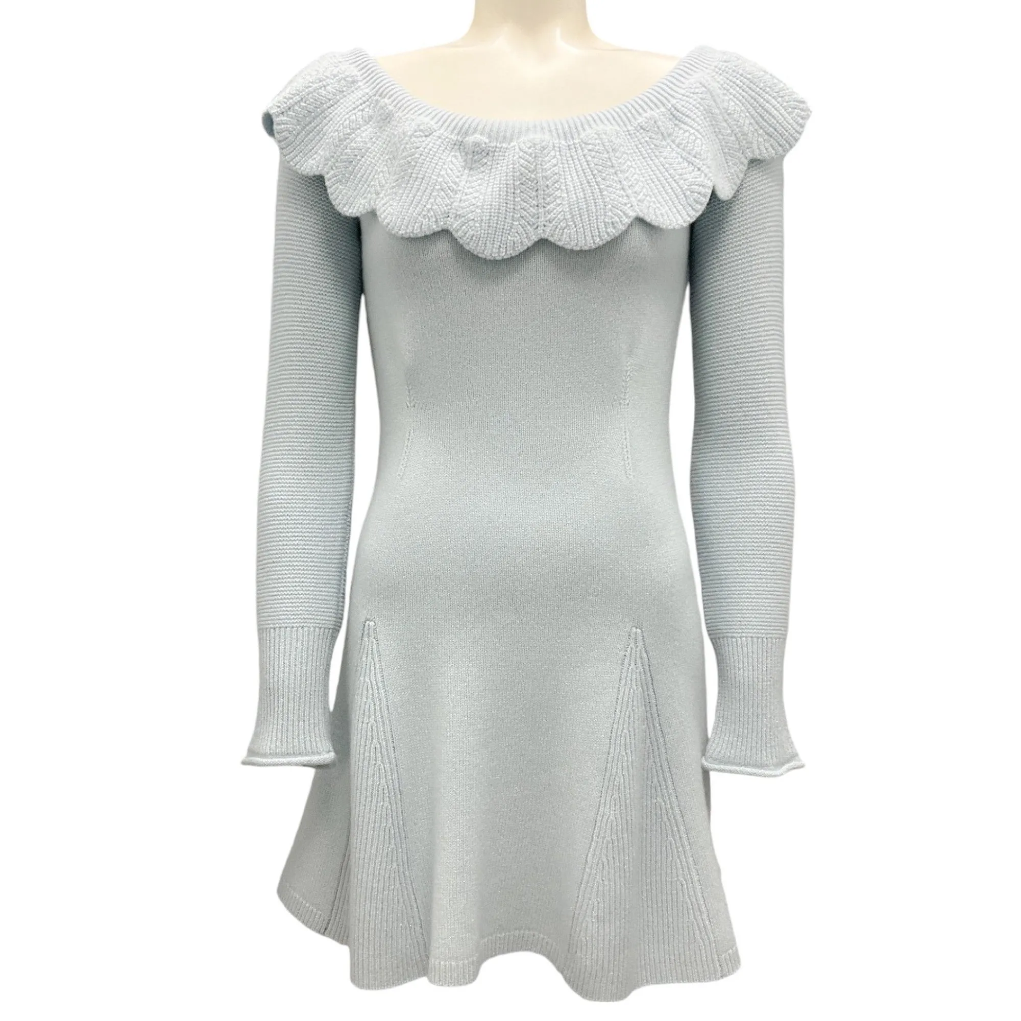 LoveShackFancy Seashell Blue Ruffled Cashmere Knit Bedine Dress