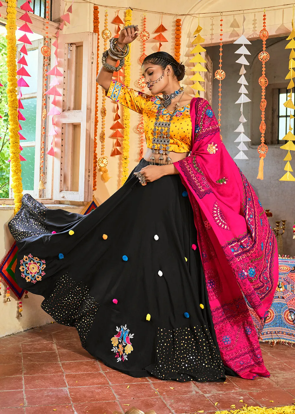 Marvelous Black Maslin Cotton Navratri Chaniya Choli