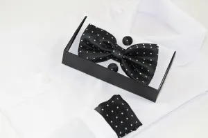 Mens Black Gridded Squares Matching Bow Tie, Pocket Square & Cuff Links Set